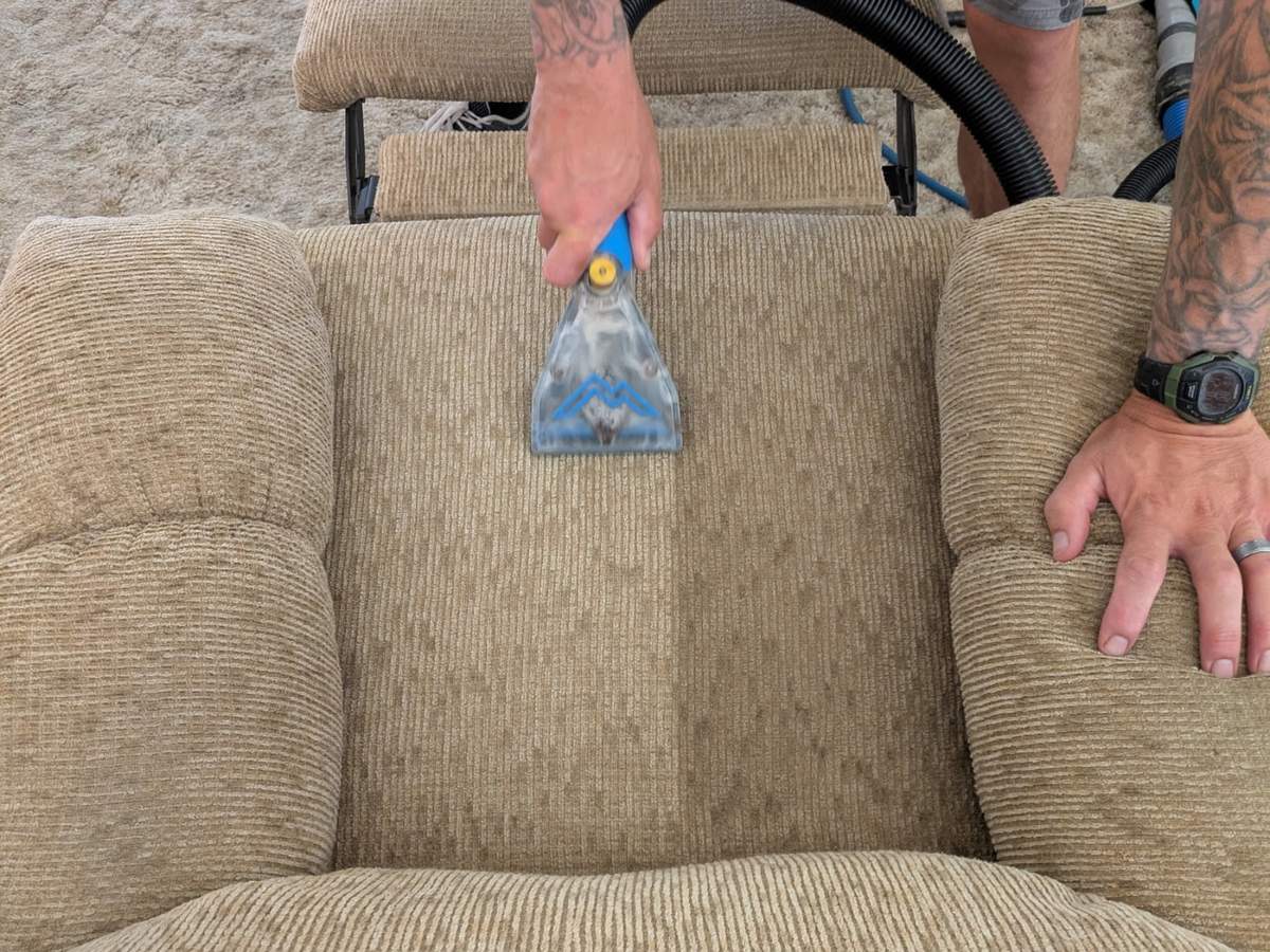 Upholstery cleaning on a tan fabric chair showing a clean stripe, Raindrop Cleaning, Yakima WA